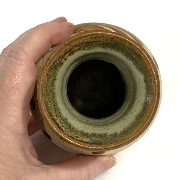 Tonala Mexican pottery bud vase stoneware bird feathers brown cobalt signed - Picture 6 of 8